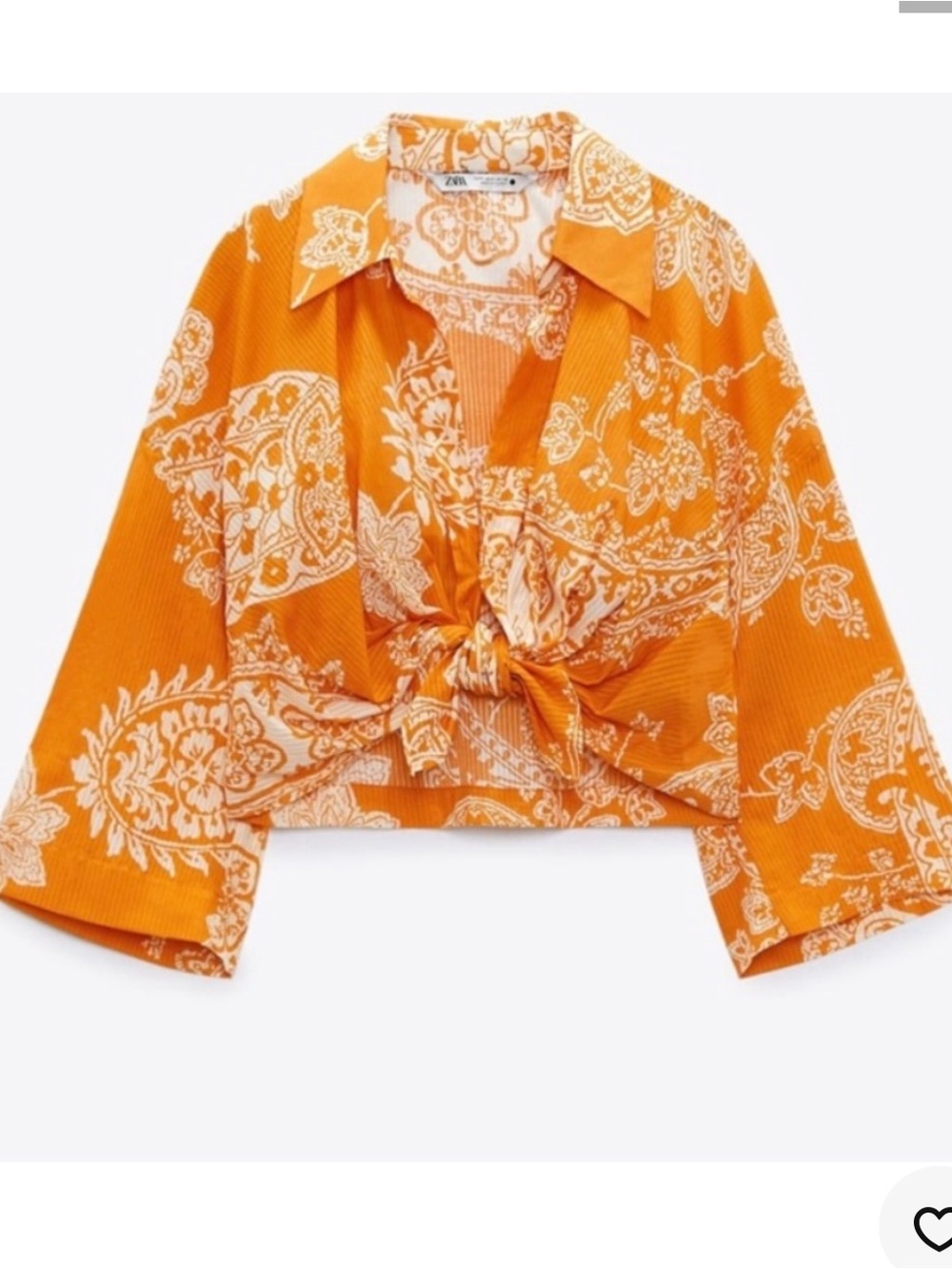 Zara White Paisley Tie-Front Orange Crop Shirt